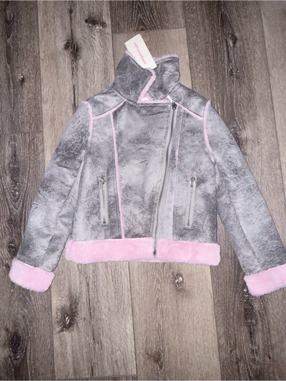 Design History Girls Gray Faux Suede Moto Jacket with Pink Trim